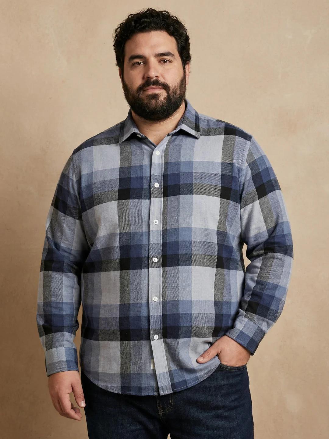 Blue Check Print Full Sleeve Plus Size Shirt