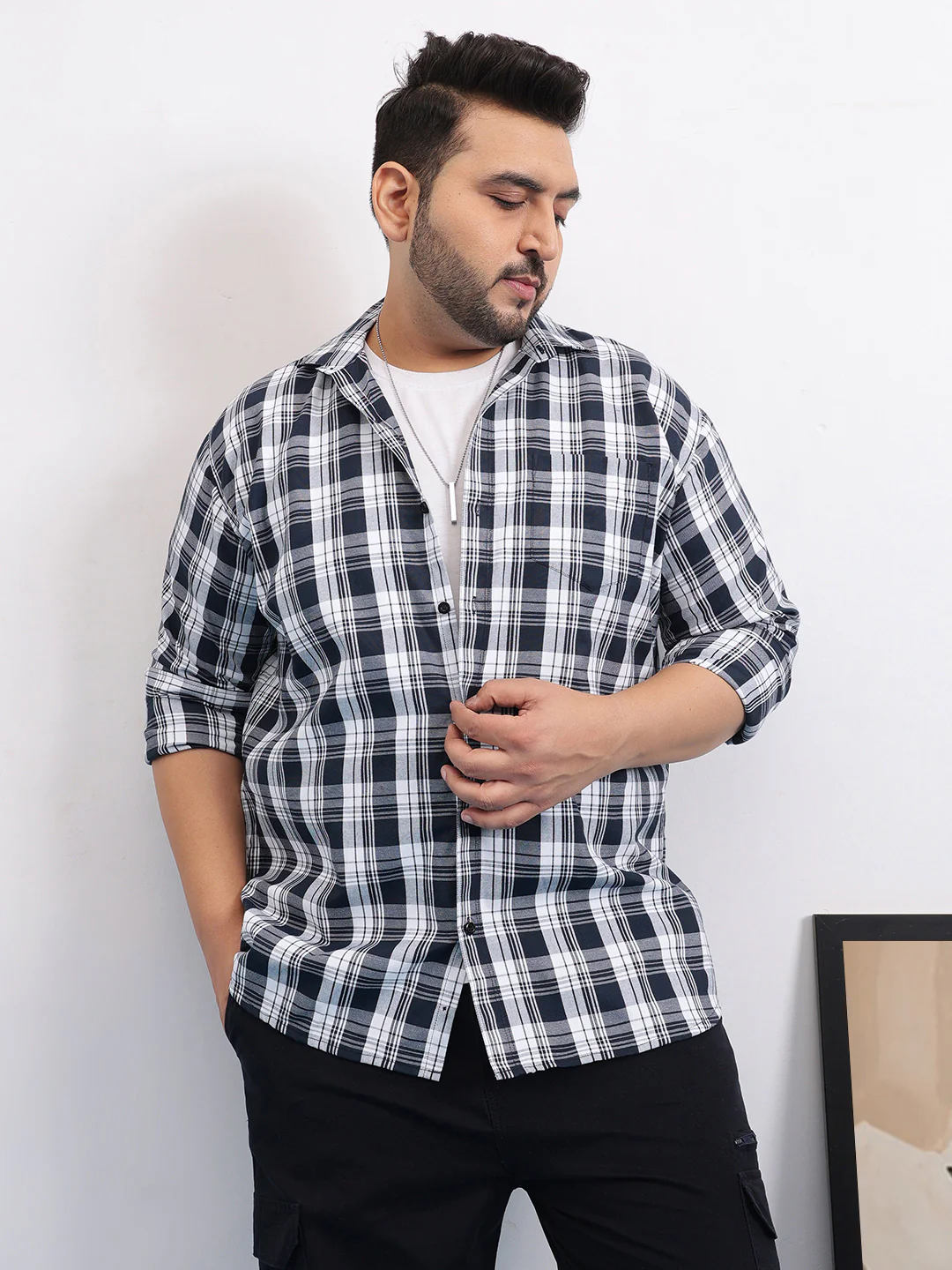 Blue White Plus Size Check Shirt