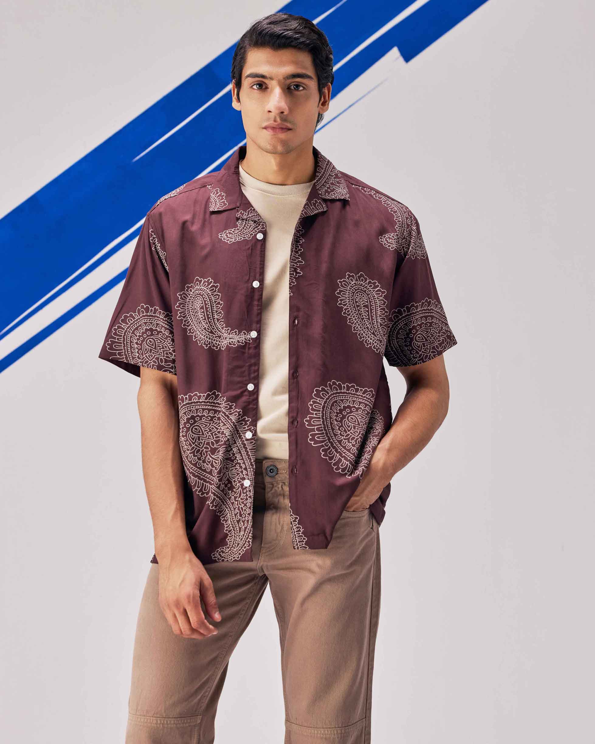 Brown printed cuban collar plus size shirt