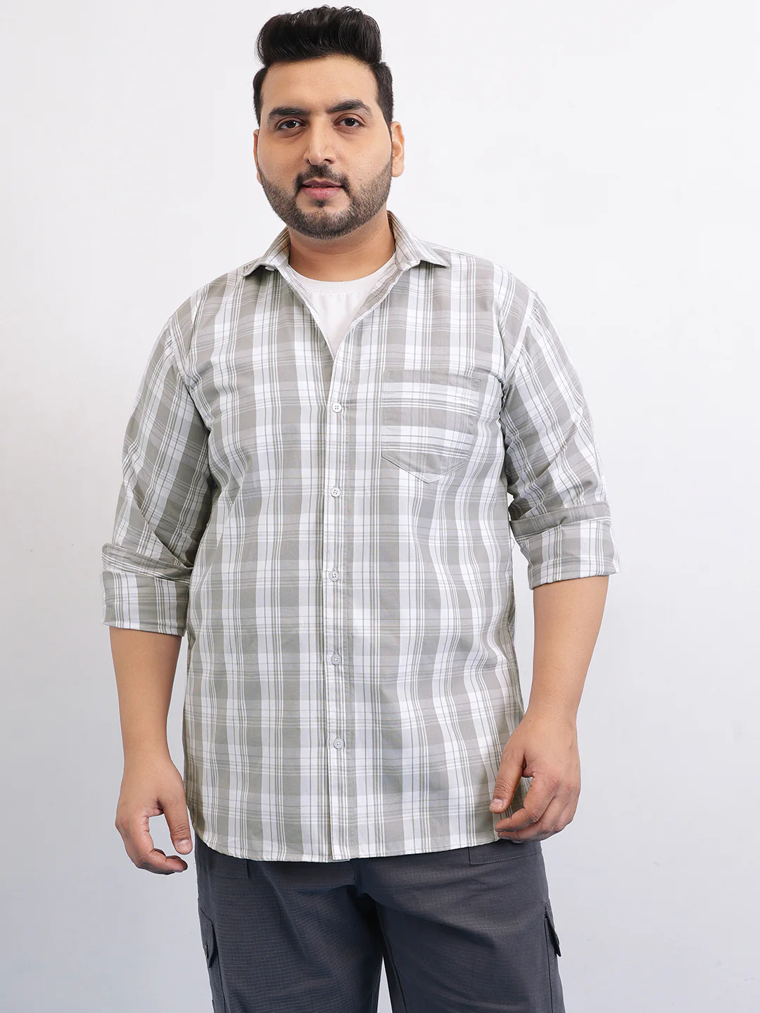 Grey White Plus Size Check Shirt