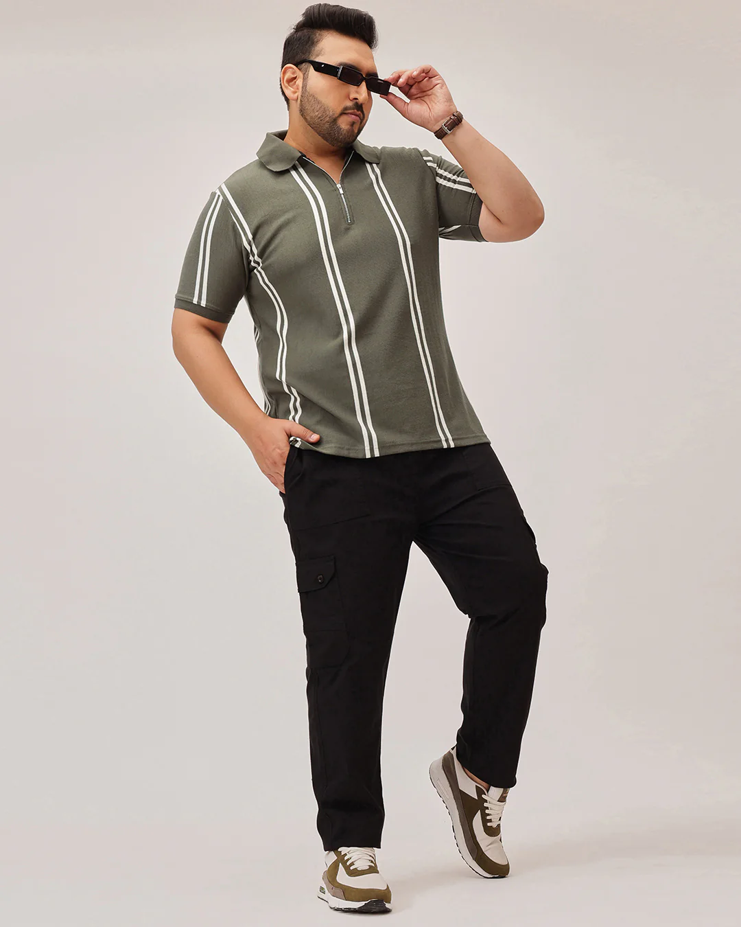 Stripe Zipper Plus Size Polo